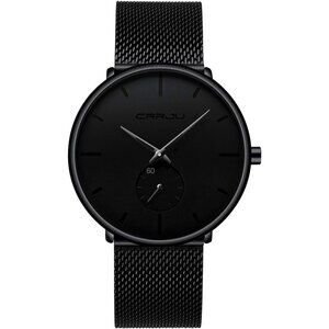Men's Black Ultra-Thin Minimal Waterproof Stainless Steel Mesh Band Wrist Watch